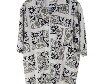 Vintage Reunion Menswear White Black Abstract Button Up Camp Shirt L Rayon Linen