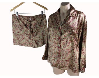 Victorias Secret Gold Burgundy 2 Pc Pajama Set L XL Menswear Button Top Shorts