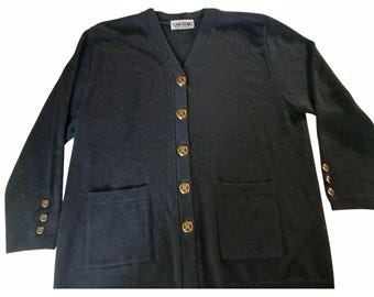 Vintage San Remo Black Cardigan Sweater Size XL V Neck Signature Button Classic