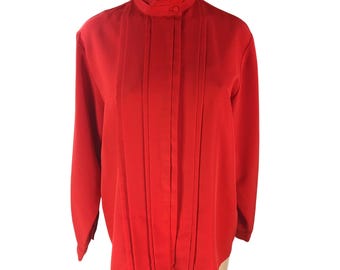 Vintage 80s Hill Archer Red High Neck Pleated Blouse Size 12 Long Sleeve Pleated