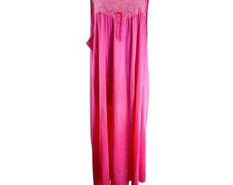 Vintage Vanity Fair Bright Pink Sleeveless Nightgown Size XXXL Lace Bodice Bow