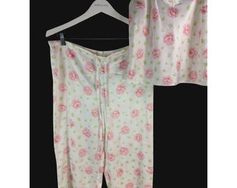 Vintage Victoria's Secret Floral Satin Pajamas Size M Cami Top Drawstring Pants