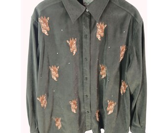 Vintage 90s Quacker Factory Giraffe Embroidered Button Up Shirt Size 2X Shacket