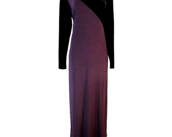 Vintage Chetta B Purple Velvet Jersey Maxi Dress 12 Geometric Body Con Stretch