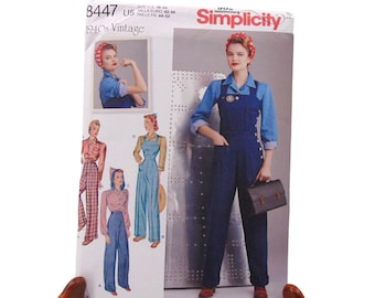 Simplicity 8447 Retro 40s Sewing Pattern Plus 16 24 Rosie Overalls High Waist