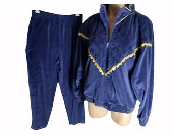 Vintage Oleg Cassini Velvet Tracksuit L Blue Quilted Jacket Pants Gold Braid