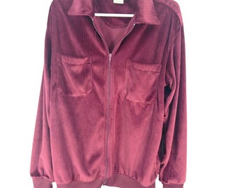 Vintage Haband Burgundy Red Velour Zip Up Jacket Front Pockets Size M Ribbed