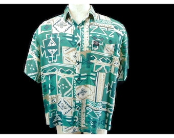 Vintage Hang Ten Green Geometric Print Hawaiian Shirt XL Rayon Viscose Pocket