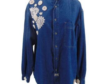 Vintage Bugle Boy Denim DIY Shirt XL Goldcrest Crochet Doily Cottagecore Grandma
