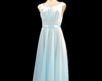 Vanity Fair Vintage 50s Blue Nightgown Size 32 Ribbon Trim Double Nylon Lace