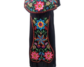 Radhe Black Rayon Peasant Dress Size M Medium Embroidered Floral Off Shoulder