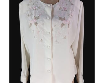 Christie Jill Vintage White Embroidered Button Front Blouse Size 16 Office Preppy