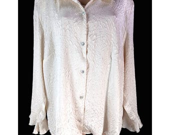 Maggie Barnes Womens Ivory Satin Button Up Shirt Size 2X Bell Long Sleeve Plus