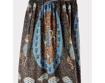 AB Fashions Womens Long Skirt Ankara Size XL Cotton Brown Blue High Waist 38"