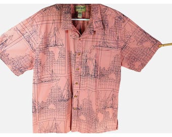 Cooke Street Honolulu Pink Nautical Map Print Hawaiian Shirt XL 100% Cotton Beach