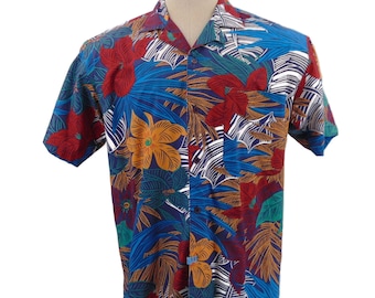 Occhi Mare Vintage 80s Hawaiian Shirt L Cotton Bold Floral Multi Color All Over