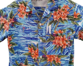Vintage 80s Mix Active Culture USA Hawaiian Shirt Size L Cotton Blue Surf Beach