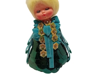 Vintage Handmade Blonde Doll in Green Sequin Dress Blue Felt Trim 60s DIY Kit