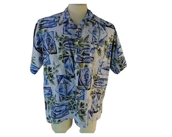 Vintage K2 Surf Mens Hawaiian Shirt L Blue White Marlin Fish Block Print Cotton