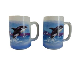 Tazza alta vintage Otagiri Orca Whale Pod Isola giapponese Balene assassine che saltano fuori dall'acqua