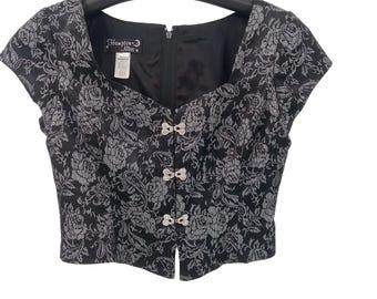 Vintage 90s Hampton Nites Black Silver Brocade Corset Top Size M Rhinestone Glam