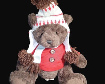 Dennis Basso Home Brown Plush Teddy Bear Red Sweater Pom Beanie Winter Hat Scarf