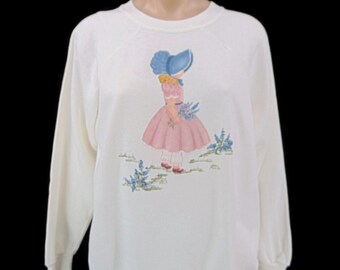 Vintage 80s Prairie Girl Sweatshirt L Bonnet Signed Pannill Knitting Holly Hobbie
