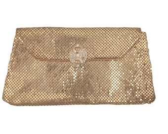 Vintage Whiting Davis Gold Mesh Clutch Purse AS IS Rhinestone Satin Lined 50s