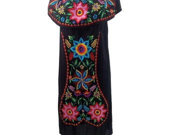 Radhe Black Rayon Peasant Dress Size M Medium Embroidered Floral Off Shoulder