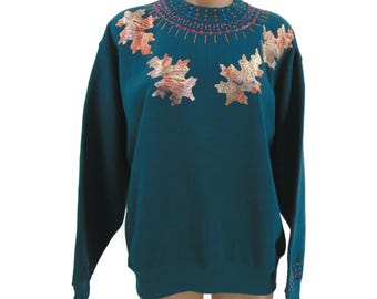 Felpa con applicazione di vernice soffiata fai da te vintage BVD M Foglie di quercia in lamina Nonna Nonna