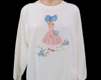 Vintage 80s Prairie Girl Sweatshirt L Bonnet Signed Pannill Knitting Holly Hobbie