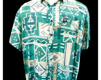 Vintage Hang Ten Mens  Green Block Print Hawaiian Shirt XL Rayon Viscose Tribal