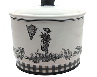 Vintage Waverly County Life Ceramic Lid Container Black White Toile Small Bath