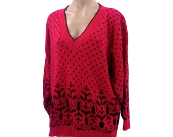 Vintage 80s Birdseye Knit Sweater, Pink Floral V-Neck Plus Size