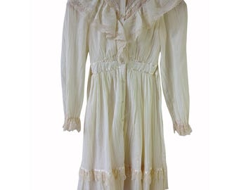 Vintage Gunne Sax Girls Lace Ruffle Dress, Ivory High Neck, Size 6