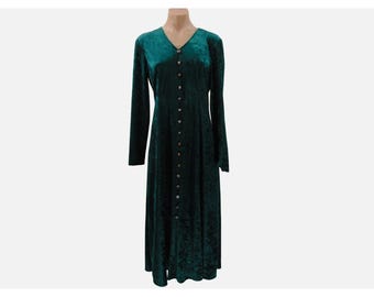 Vintage Brett Alixander Green Velvet Dress 8 Button Trim Corset Tie Back Crushed