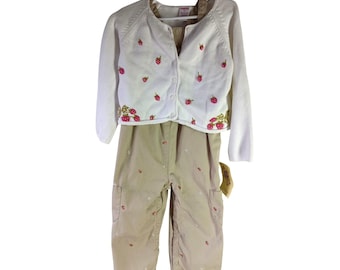 Gymboree Girls 3T White Cardigan Tan Overalls Strawberry Patch Set Embroidered