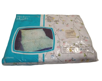 Lenzuolo piatto vintage JC Penney con stampa floreale, senza stiratura, in mussola Caroline, nuovo, in magazzino