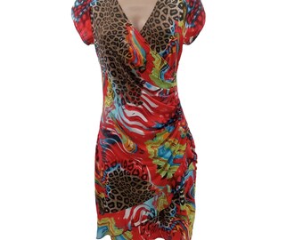 Vtg Y2K Tricotto Womens Multi Color Dress Size S Faux Wrap Ruffle Knit Bodycon