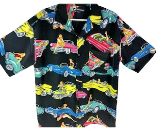 Vintage Ferruche Mens Rockabilly Shirt Retro Cars Pin Up Size L Polyester Korea