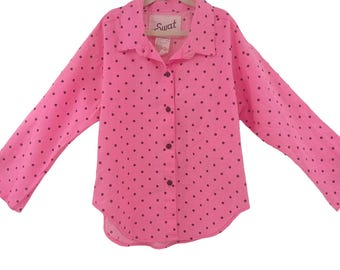 Vintage 80s Girls Pink Polka Dot Blouse, 3/4 Sleeve