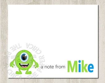 Set of 12 - ADORABLE MIKE MONSTER  -Personalized Note Cards / Folded Note Cards / Great for Gifts