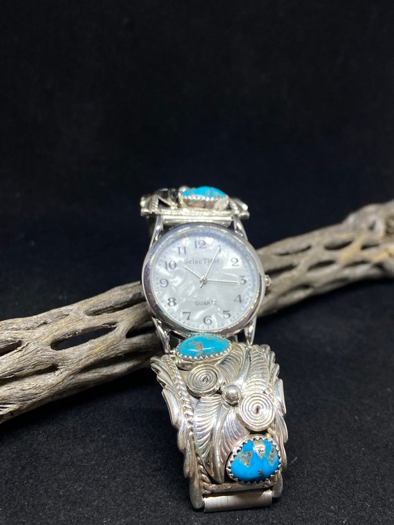 Rare Vintage Native American Navajo Kingman Turquoise Corals Sterling Silver Watch Bracelet Rare Vintage Native American Navajo Kingman Turquoise Corals Sterling Silver Watch Bracelet