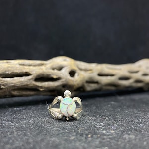 May include: A silver ring with a white opal stone set in the shape of a turtle.
