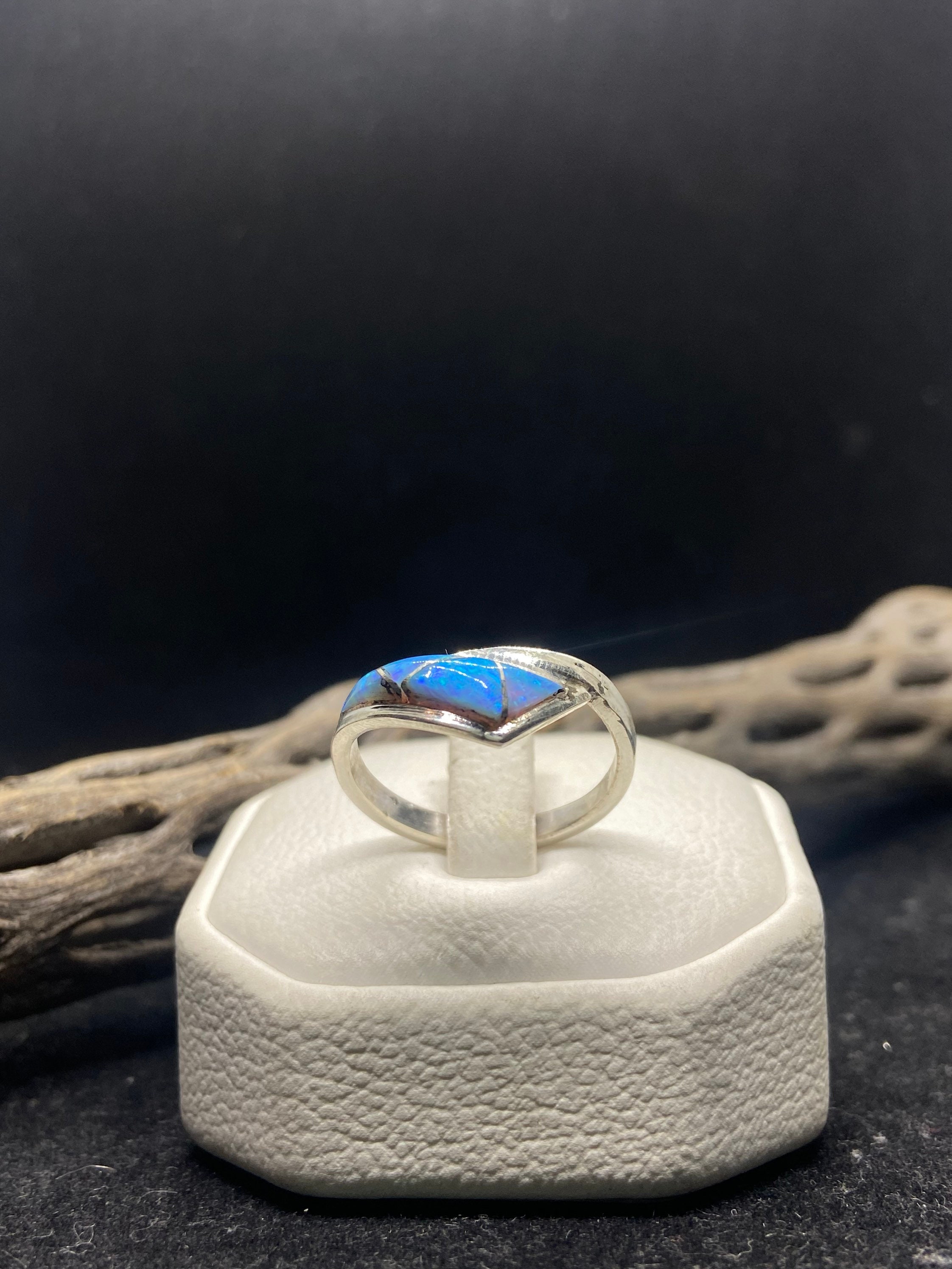 Handmade Native American Zuni Inlay Blue Fire Opal Sterling Silver