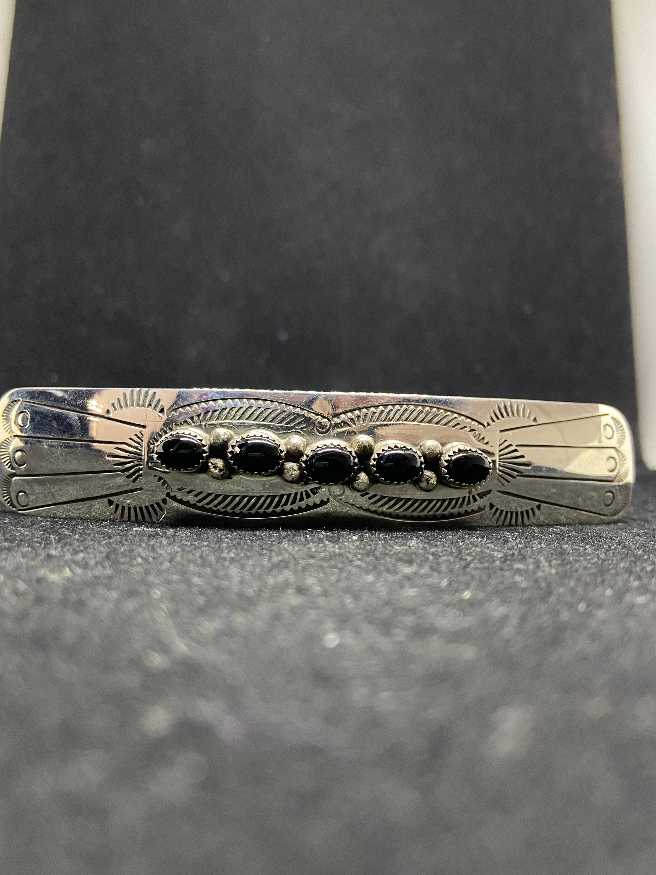 Signed Vintage Sterling Native American Onyx Stamped Hair Barrette For Women Vintage NN Signed Native American Navajo Sterling Silver  main image 2