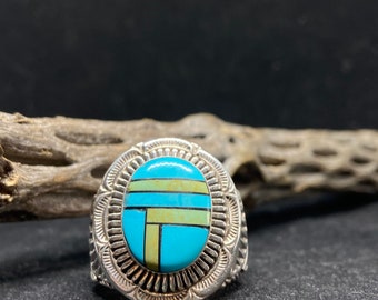 Handmade Native American Zuni Inlay sleeping beauty turquoise & royston turquoise Sterling silver Mens Ring size 12.25