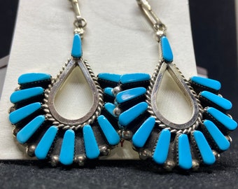 Handmade Native American Zuni Sleeping Beauty Turquoise Sterling silver Dangle Earrings