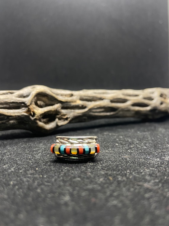 Superb Vintage Native American Zuni Signed Inlay Turquoise Coral Jet Sterling Silver Ring Superb Vintage Native American Zuni Signed Inlay Turquoise Coral Jet Sterling Silver Ring