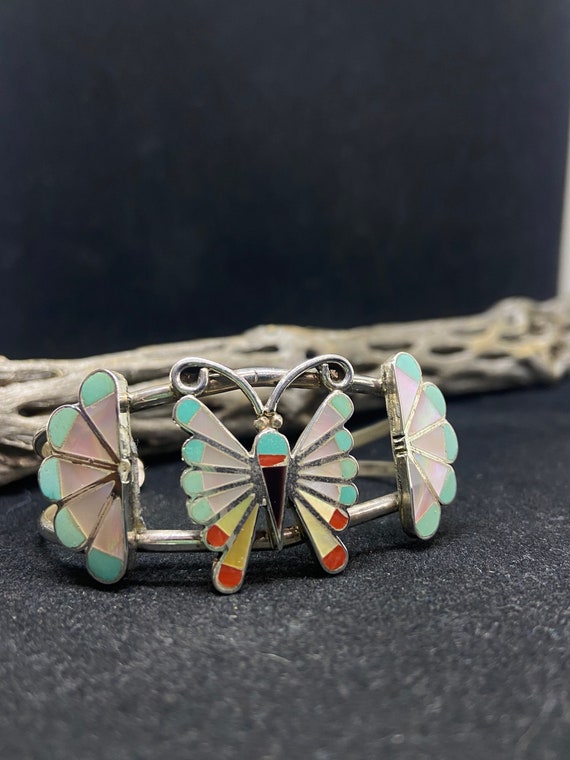 Heavy Vintage Native American Navajo Butterfly Turquoise Sterling Silver Coral Bracelet Heavy Vintage Native American Navajo Butterfly Turquoise Sterling Silver Coral Bracelet